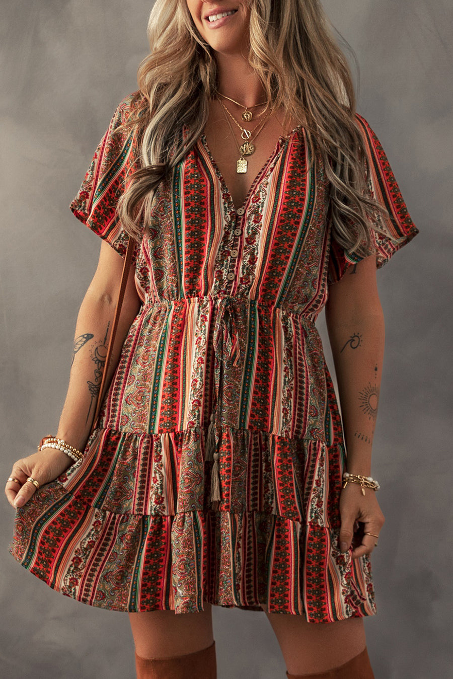 Red Bohemian Floral Print Buttoned V Neck Ruffle Tiered Dress Women UK