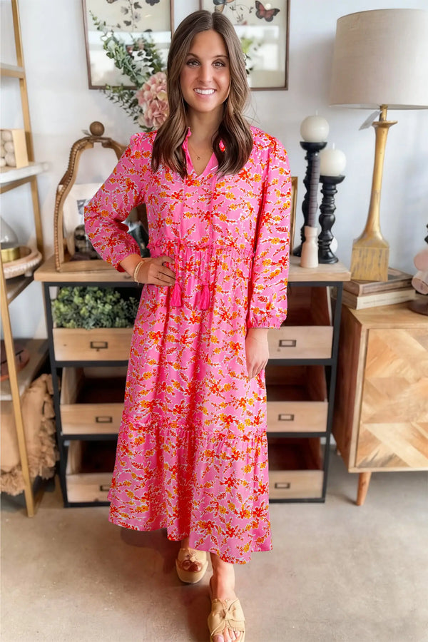 Pink Floral Long Sleeve Tassel Tie V Neck Maxi Dress Women UK — back view