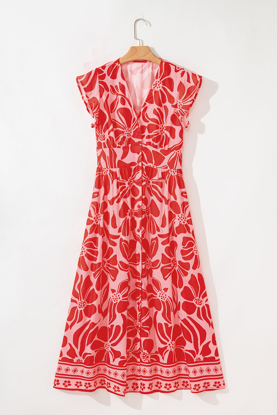 Red Boho Floral V Neck Shirred Waist Long Dress Women UK
