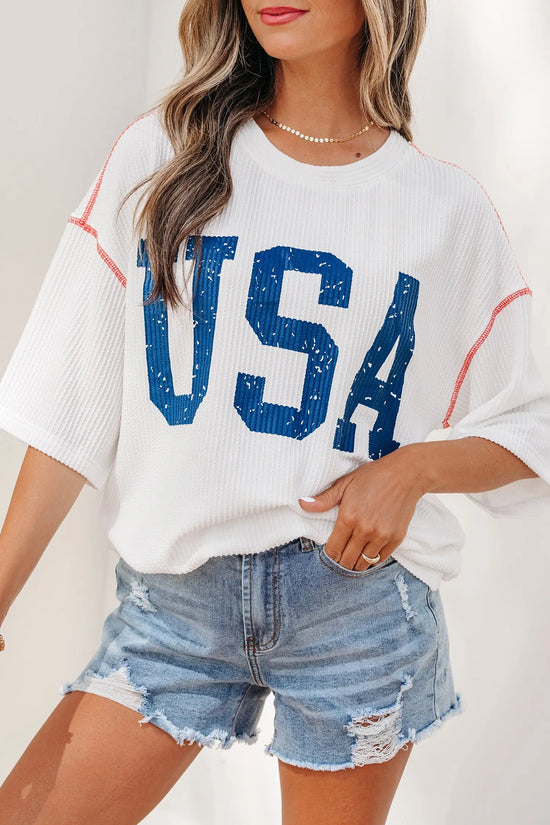 Usa graphic ribbed half sleeve loose top round neck tunic length tunics