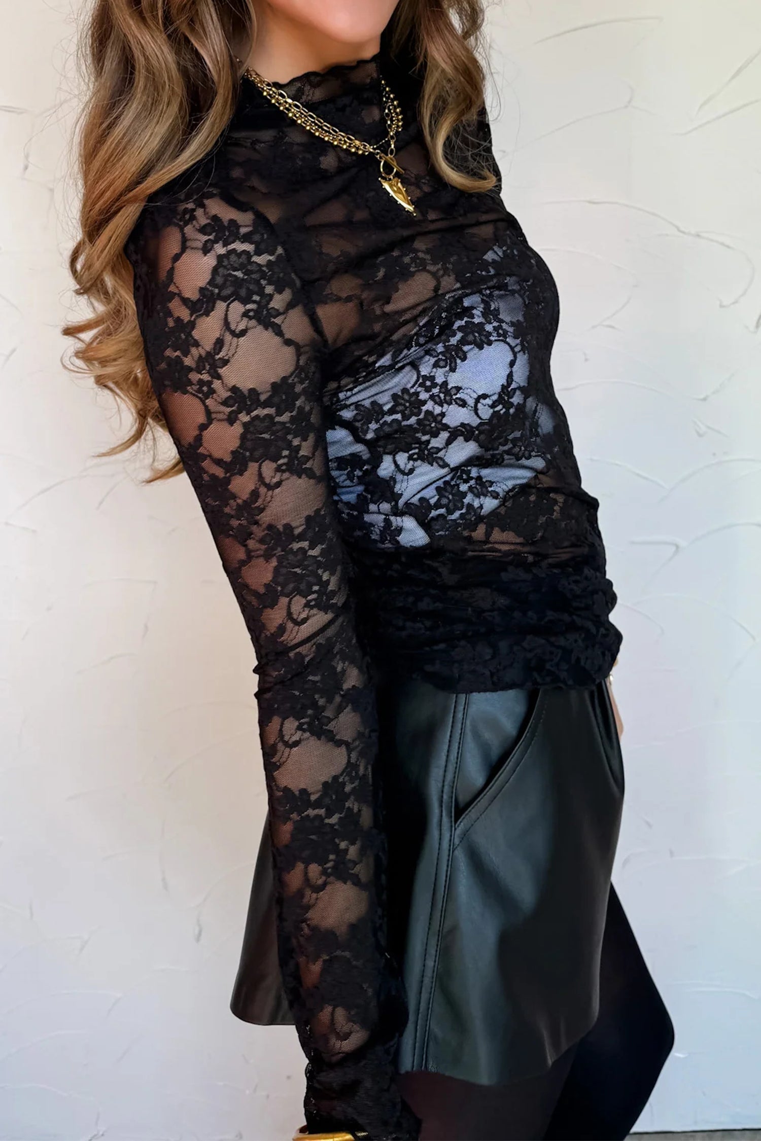 Sheer Floral Lace Mock Neck Lettuce Trim Long Sleeve Top