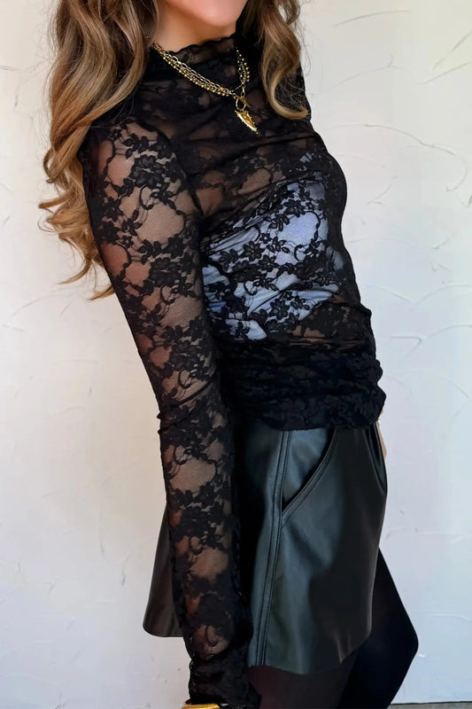 Black sheer floral lace lettuce trim mock neck long sleeve top