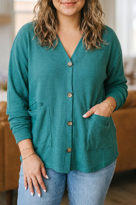 Plus size waffle tunic V-neck button cardigan women UK - front view closed