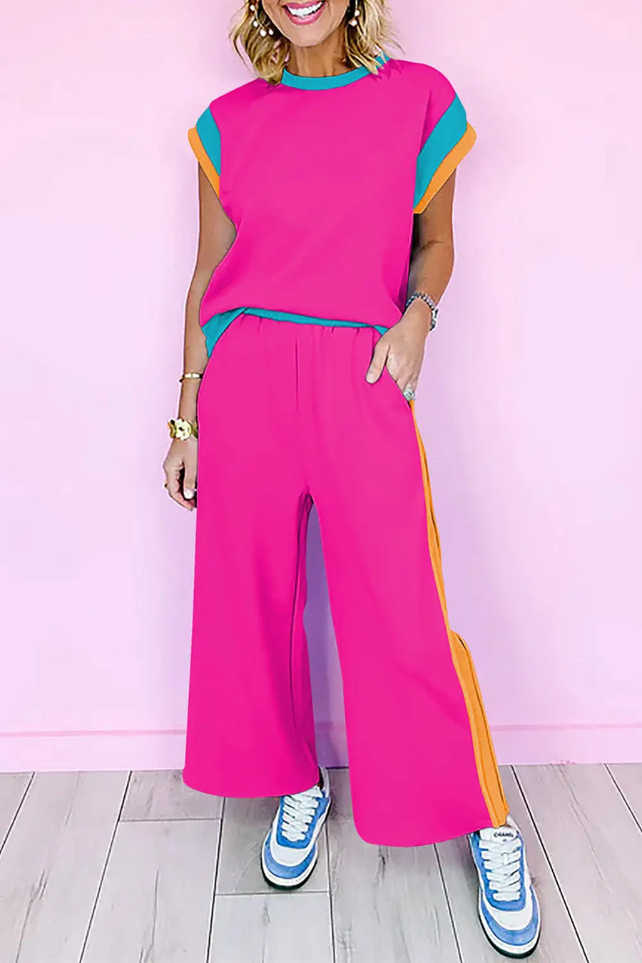 Colour block two piece set cap sleeve wide leg pants women uk