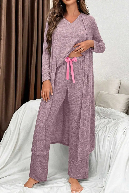 Heather Mauve Duster Lounge Trio – 3‑Piece Loungewear Set featuring a long duster, V-neck top, and wide-leg pants with pink ribbon tie, ideal for homewear.