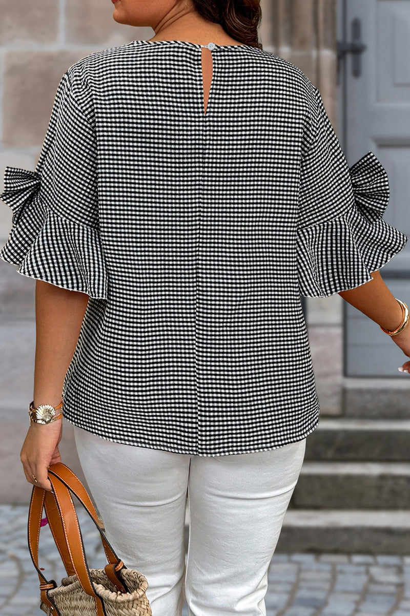 Black bell sleeve plus size jumper — side view showing plaid knit and bow detail