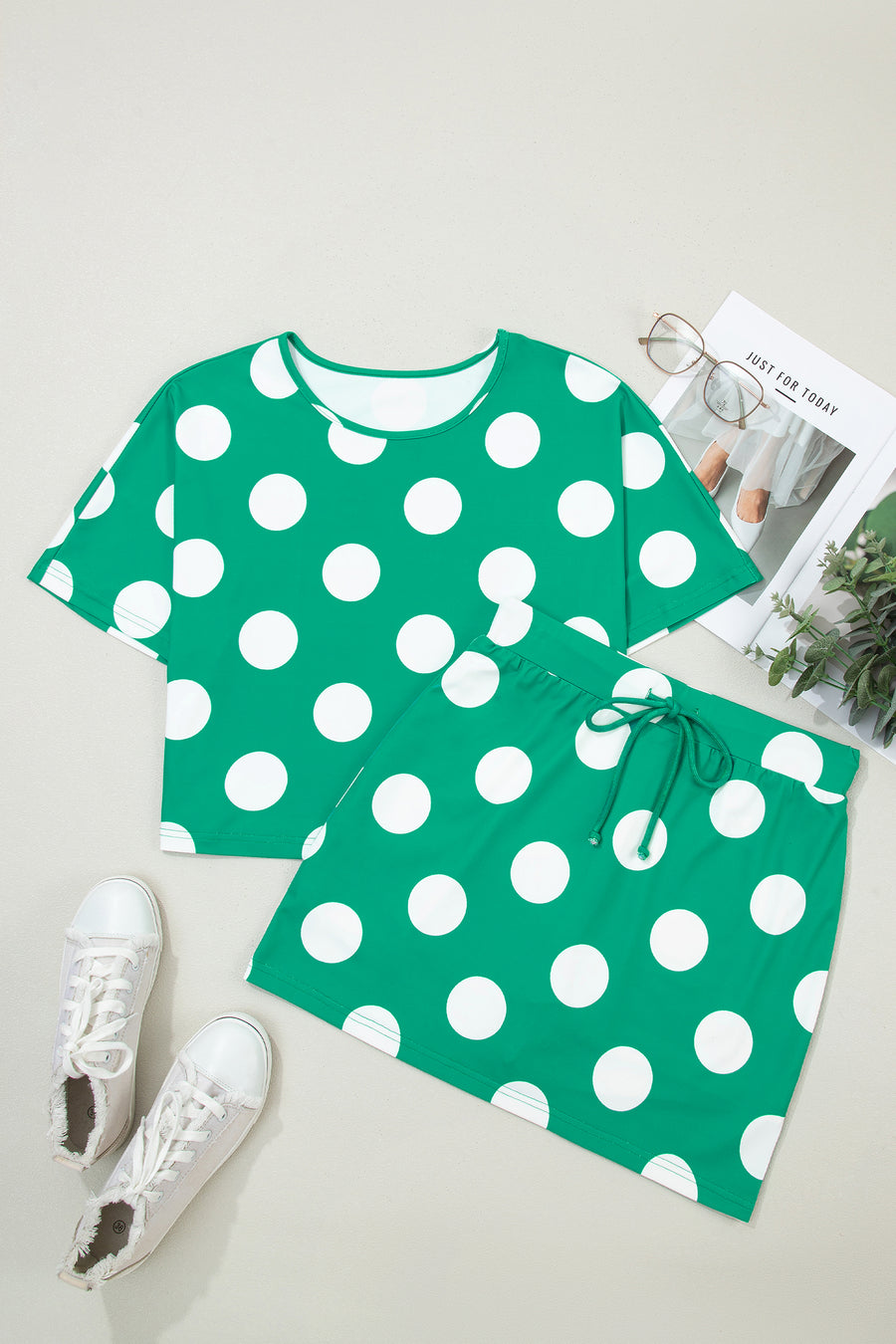 Polka Dot Cropped Tee and Bodycon Skort Two-Piece Set Women UK