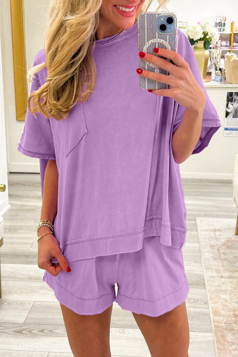 Raw Edge Patch Pocket Oversized Top and Shorts Set Women UK