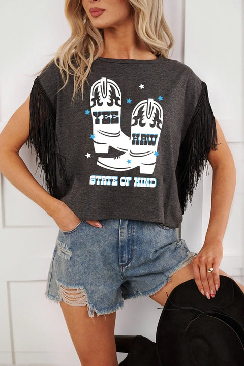 Yee Haw western graphic fringe sleeve t-shirt front view | Fashionfitz UK
