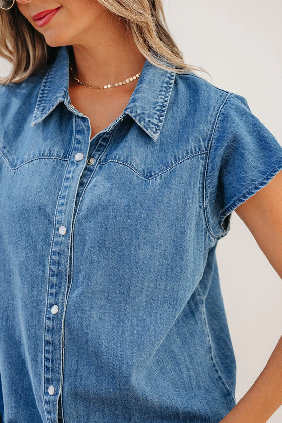 Dusk blue ruffled short sleeve denim shirt button down collar stitched yoke shirts