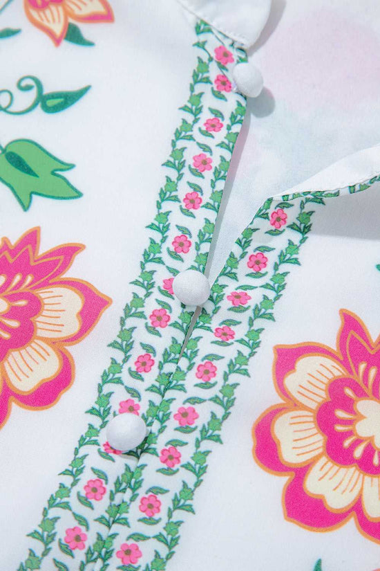 Detailed view of front buttons and floral trim on White Floral Mandarin Maxi Dress, highlighting craftsmanship and spring-inspired design.