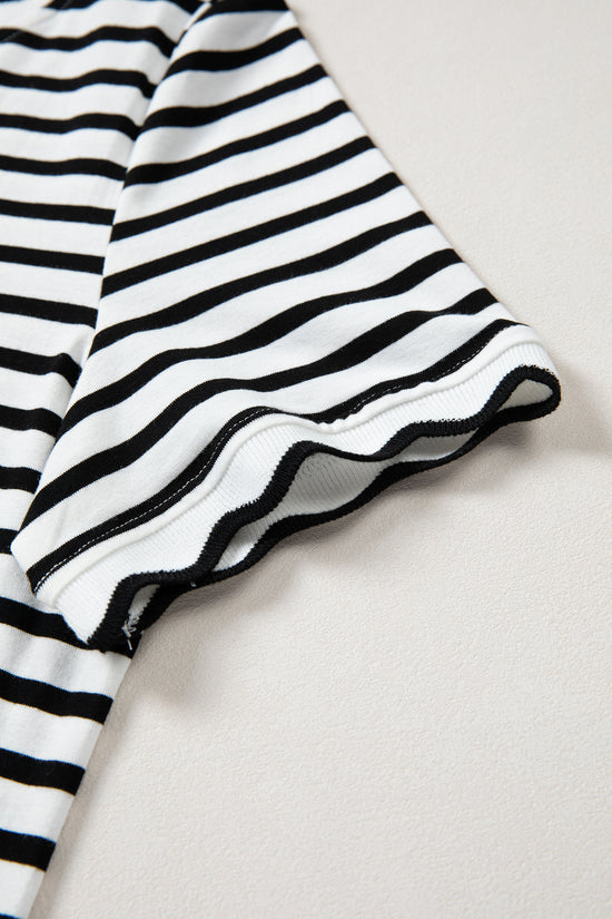 Scalloped Trim Stripe Cotton T-Shirt Round Neck Short Sleeve