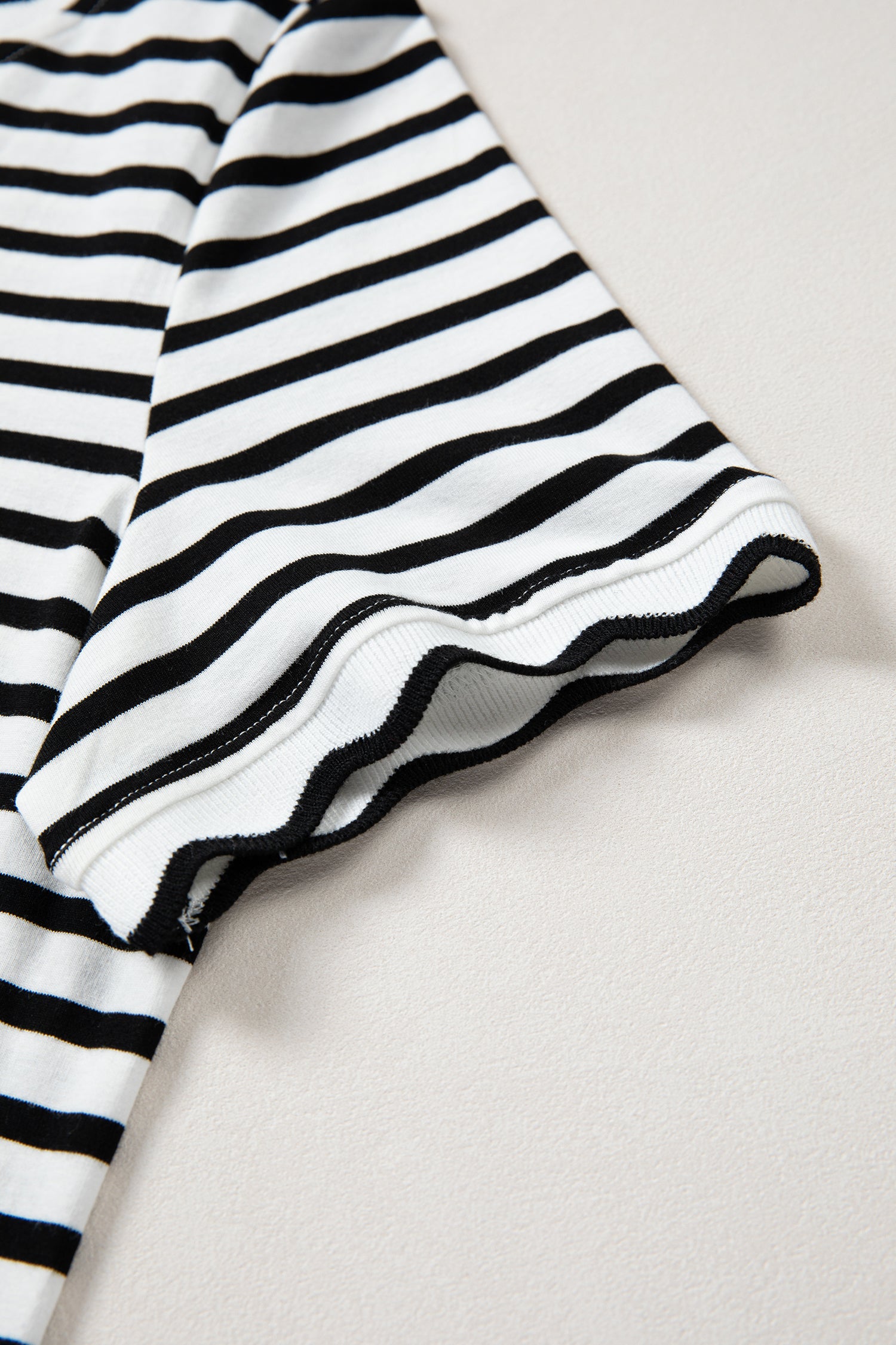 Scalloped Trim Stripe Cotton T-Shirt Round Neck Short Sleeve