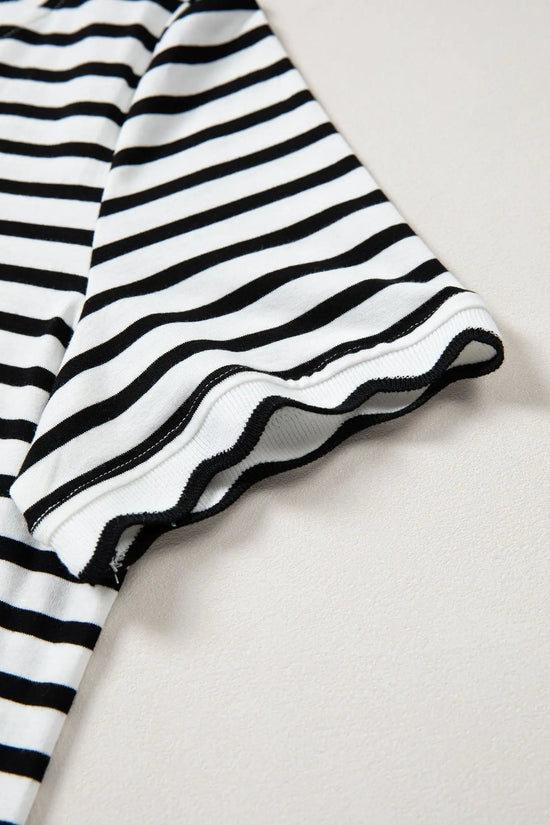 Scalloped trim stripe cotton t-shirt round neck short sleeve t-shirts