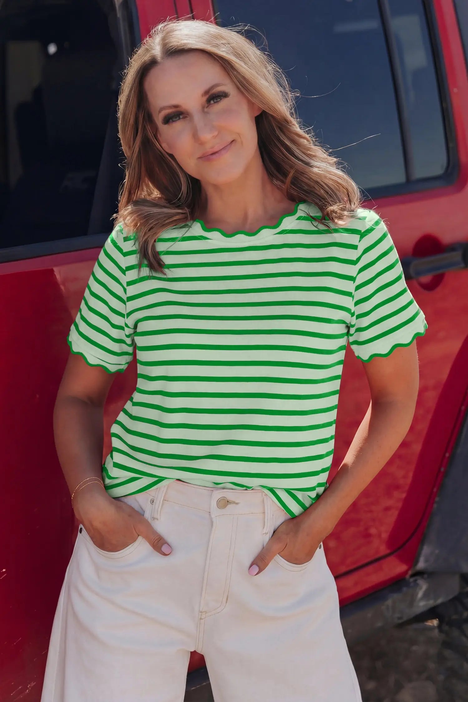 Scalloped trim stripe cotton t-shirt round neck short sleeve t-shirts
