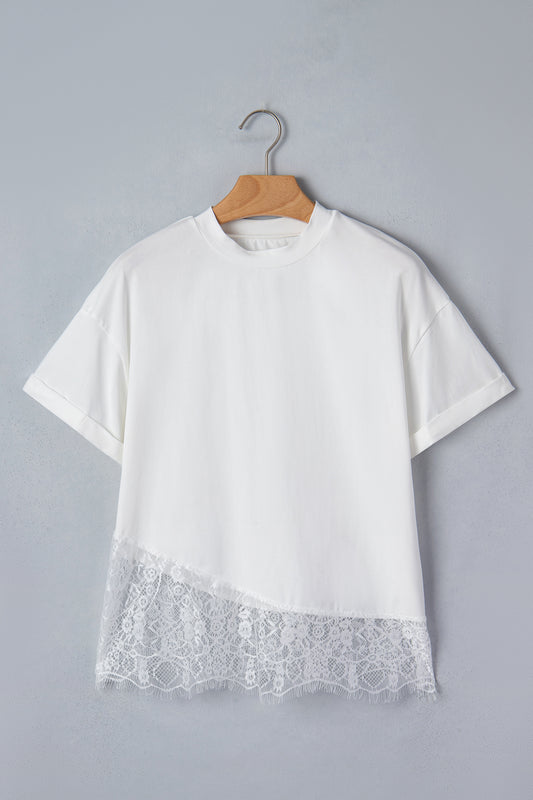 Asymmetric Lace Hem Floral Patchwork Short Sleeve Tee