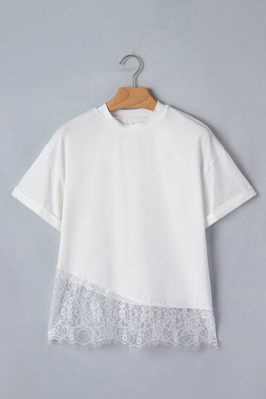 Asymmetric lace hem patchwork short sleeve tee side view | Fashionfitz UK