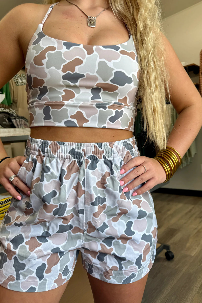 Camo Print Cropped Tank & High Waist Shorts Set Women UK
