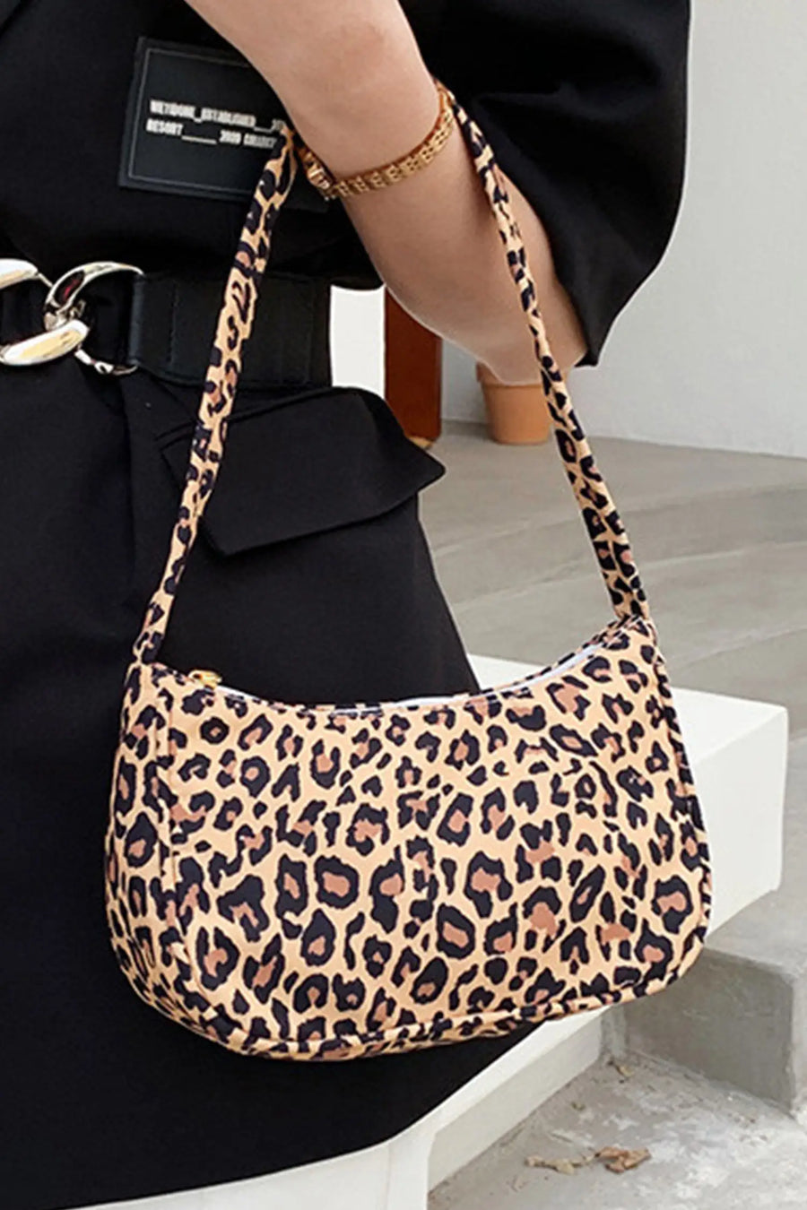 Women's leopard print minimalist shoulder bag front view casual
