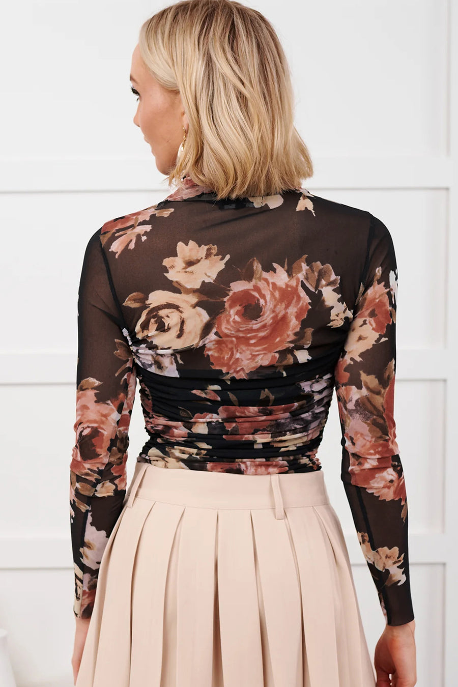 Brown Floral Mesh Long Sleeve High Neck Bodysuit