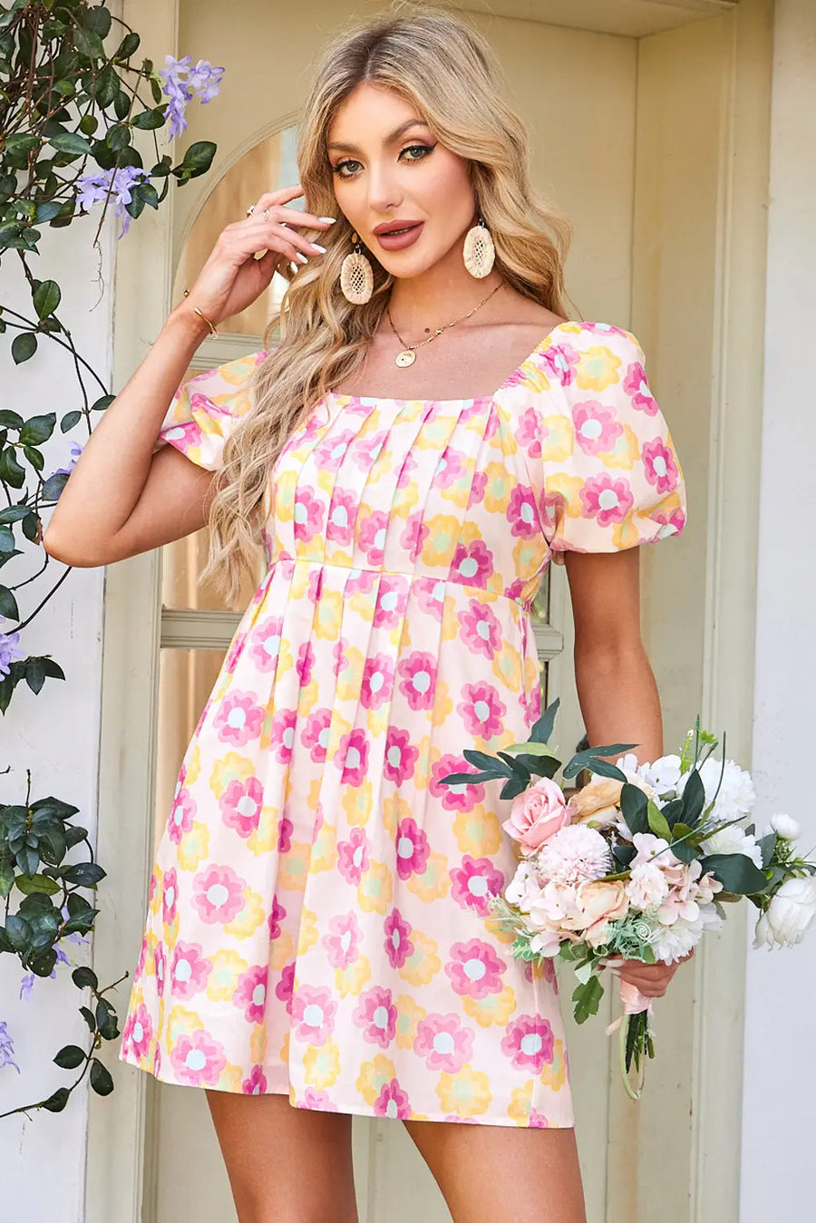 Rose Floral Square Neck Puff Sleeve Pleated Midi Dress Women UK