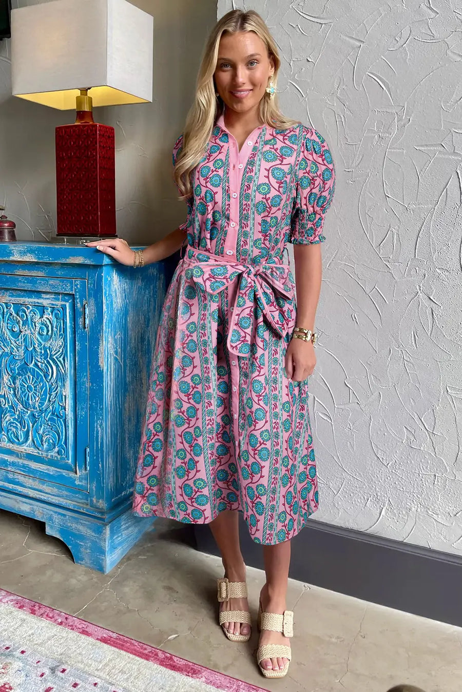 Pink Floral Shirred Puff Sleeve Buttoned Midi Dress Women UK