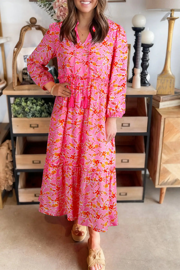 Pink Floral Long Sleeve Tassel Tie V Neck Maxi Dress Women UK — front view