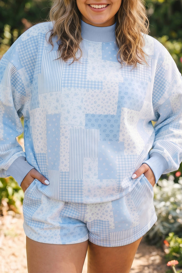 Patchwork floral stand neck long sleeve plus size two-piece set in sky blue — front view
