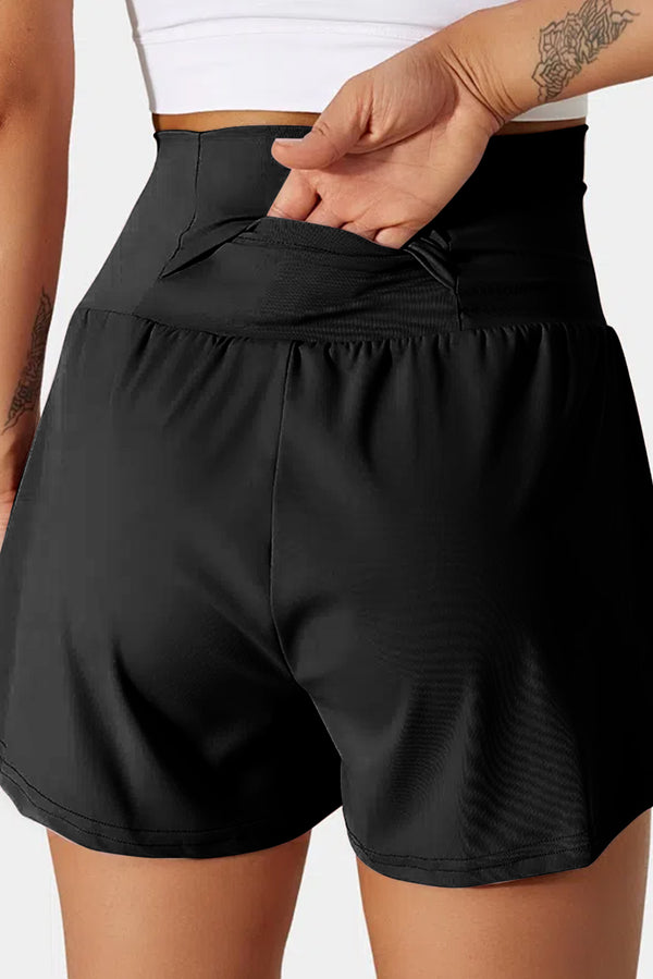 Back view of pocketed wide waistband women swim shorts