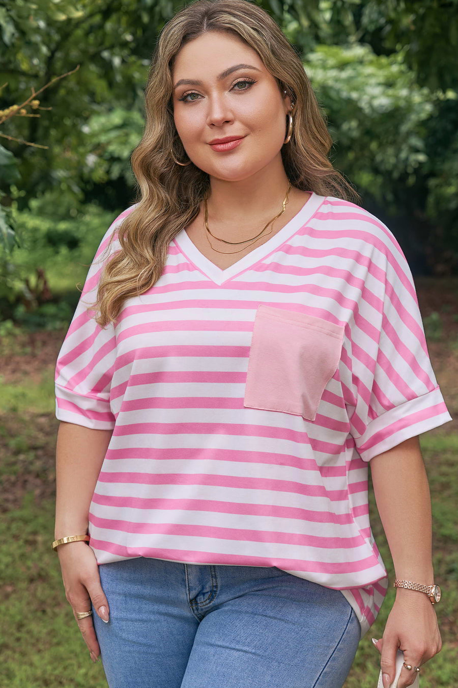 Plus Size Stripe Colourblock V-Neck Tee Patched Chest Pocket Short Sleeve — back view third colourway | Fashionfitz UK
