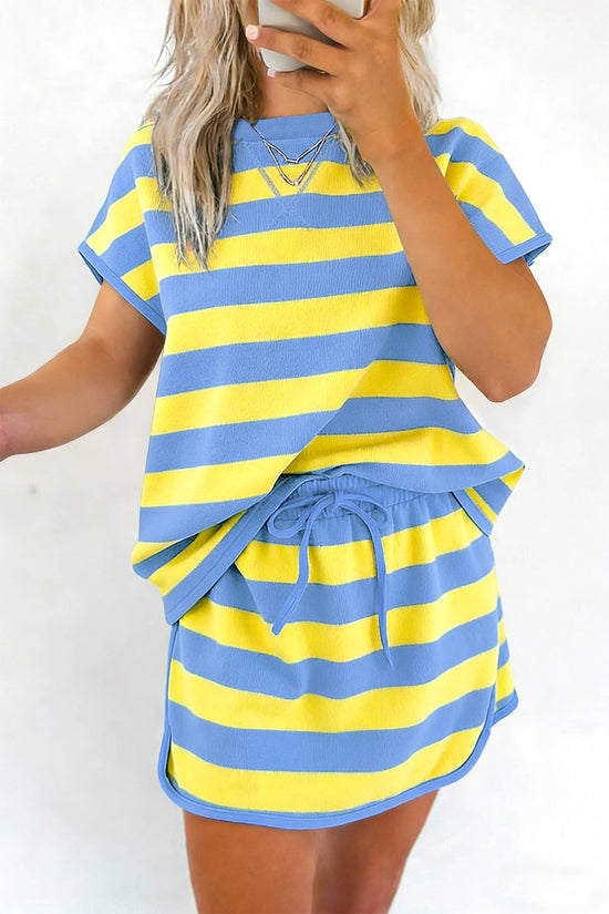 Yellow Stripe Dolman Tee & Drawstring Skort Athletic Set Women UK
