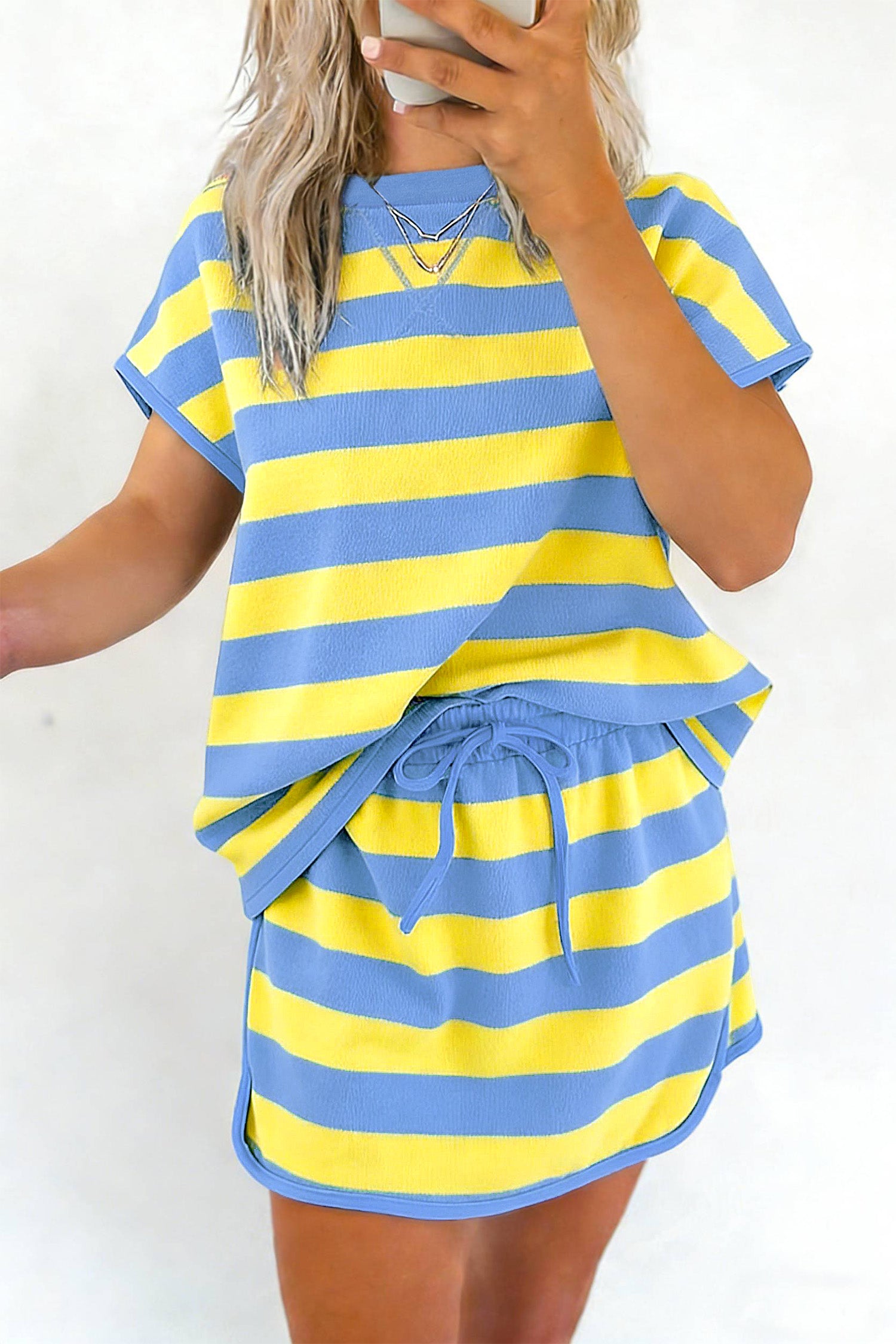 Yellow Stripe Dolman Tee & Drawstring Skort Athletic Set Women UK