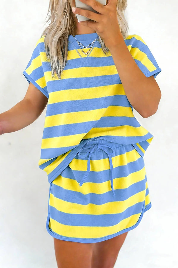 Yellow stripe dolman tee skort set side view | Fashionfitz UK