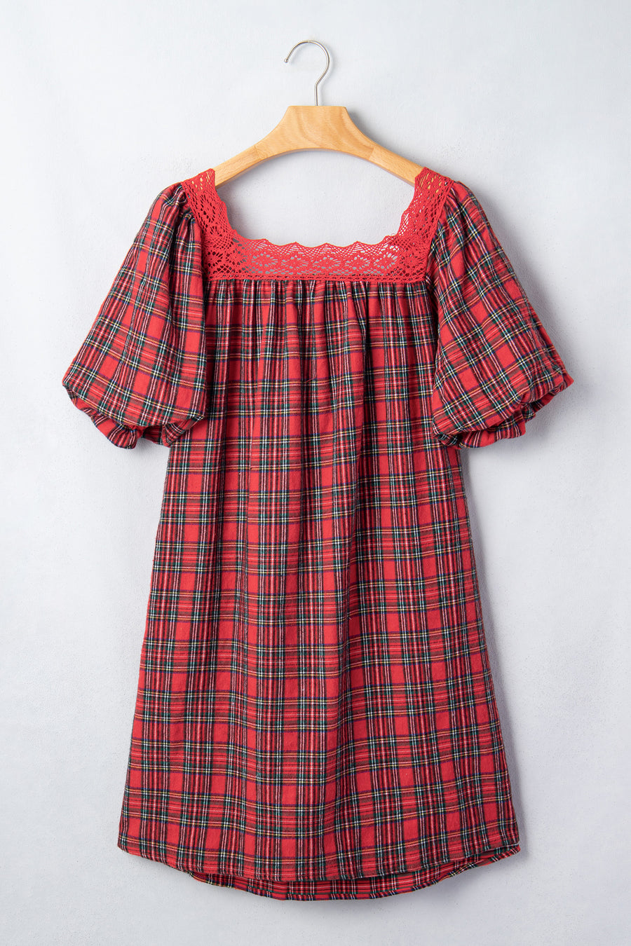 Red Plaid Square Collar Lace Trim Shift Mini Dress Women UK