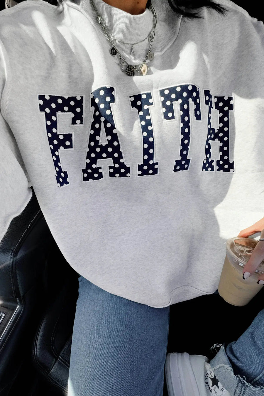 Light Grey Polka Dot Slogan High Neck Baggy Sweatshirt
