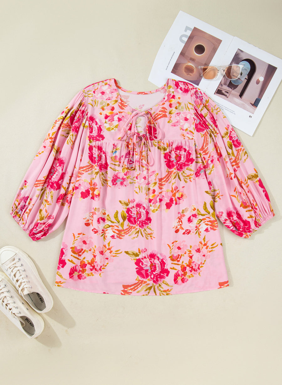 Plus size floral V neck tie front tunic top — back view