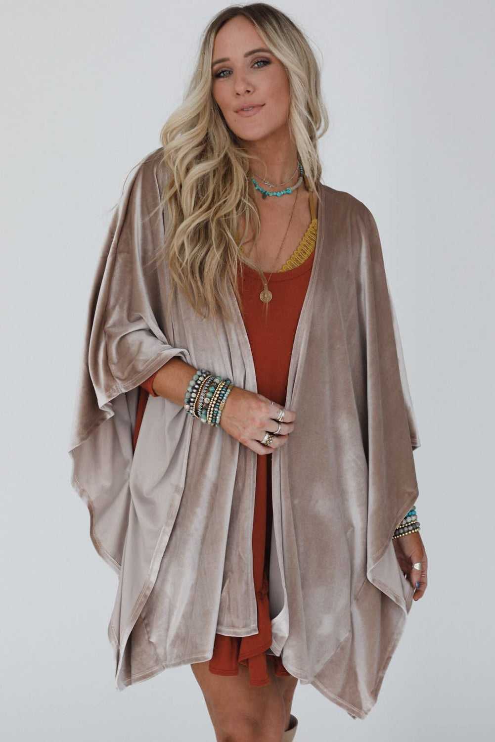 Lightweight smoke grey kimono jacket in soft synthetic velvet