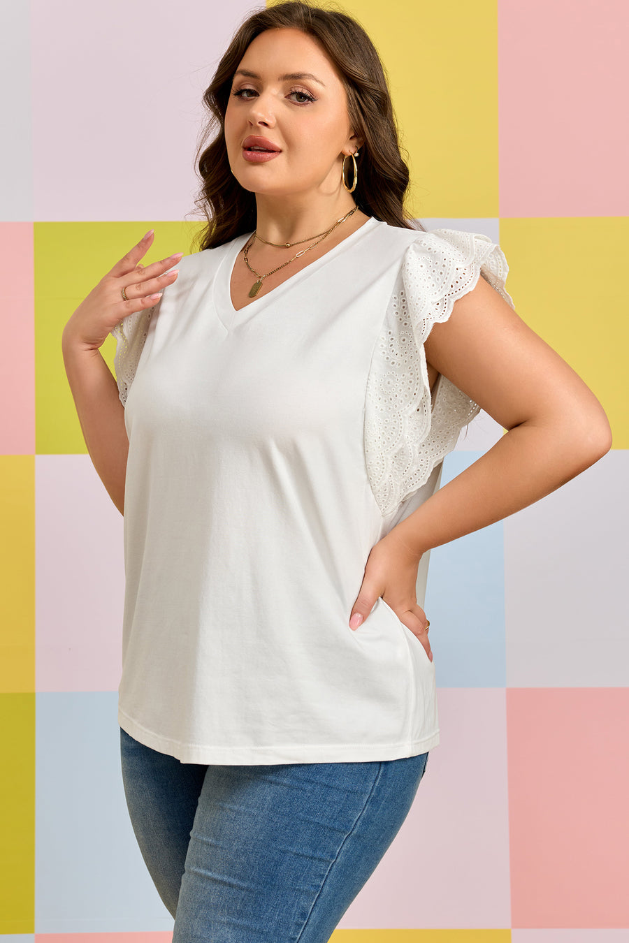 Plus size eyelet crochet short sleeve tee — back view