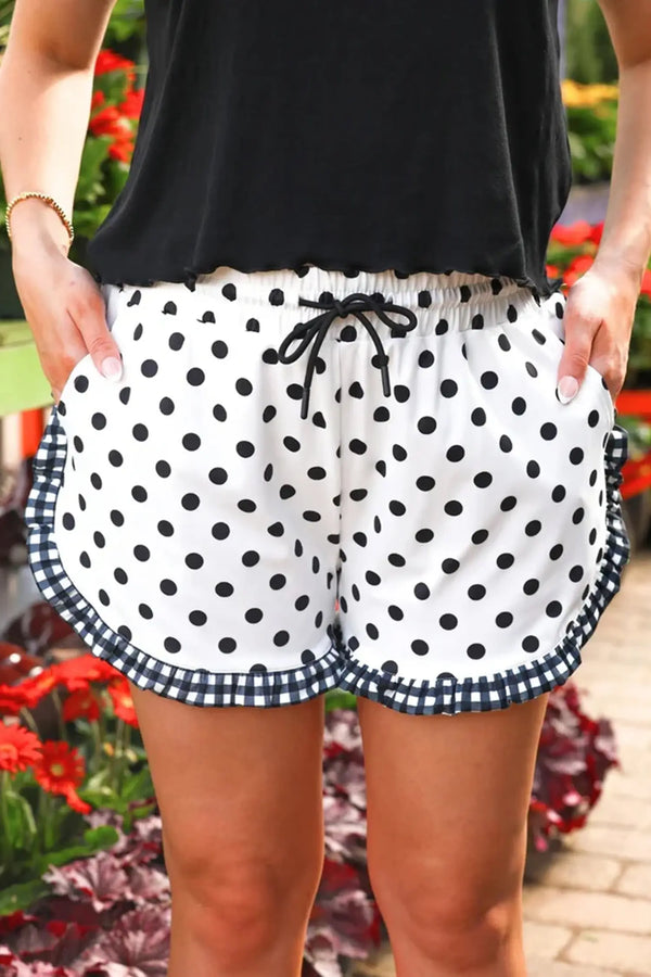 Women's polka dot ruffle trim contrast shorts front view casual