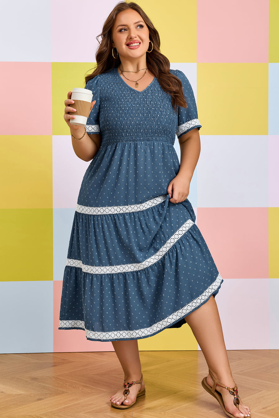 Plus Size Swiss Dot Lace Patchwork Flared Midi Dress Women UK
