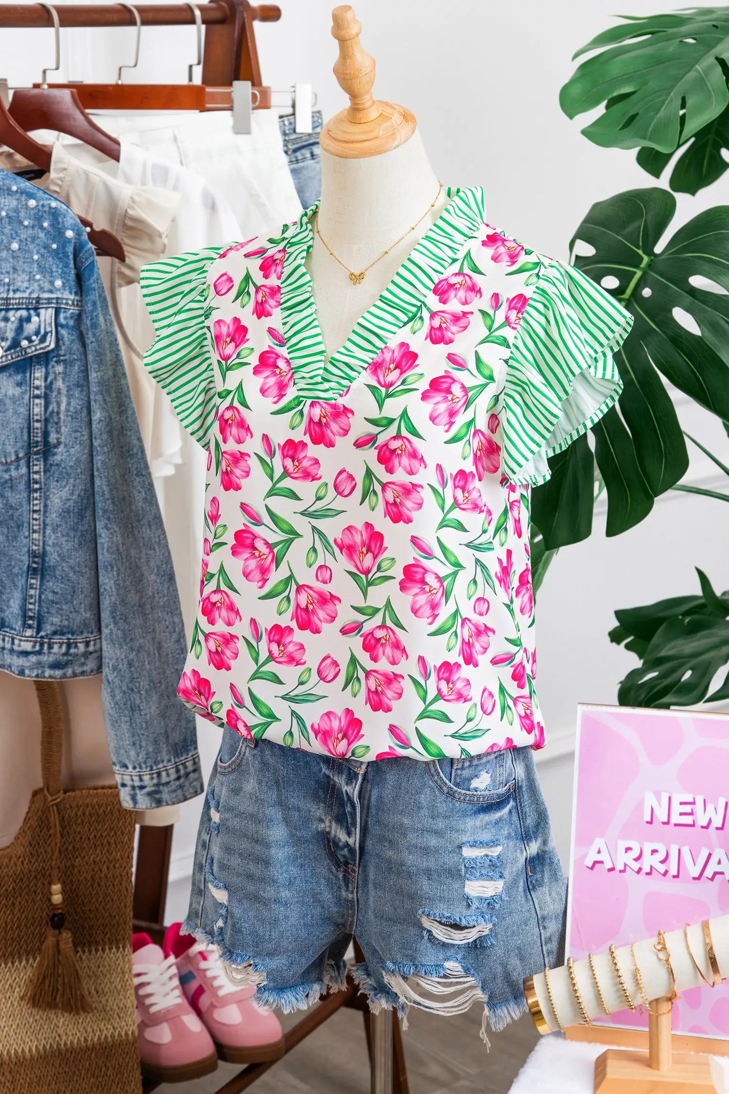 Multicolour sweet floral print striped ruffle trim v neck blouse blouses