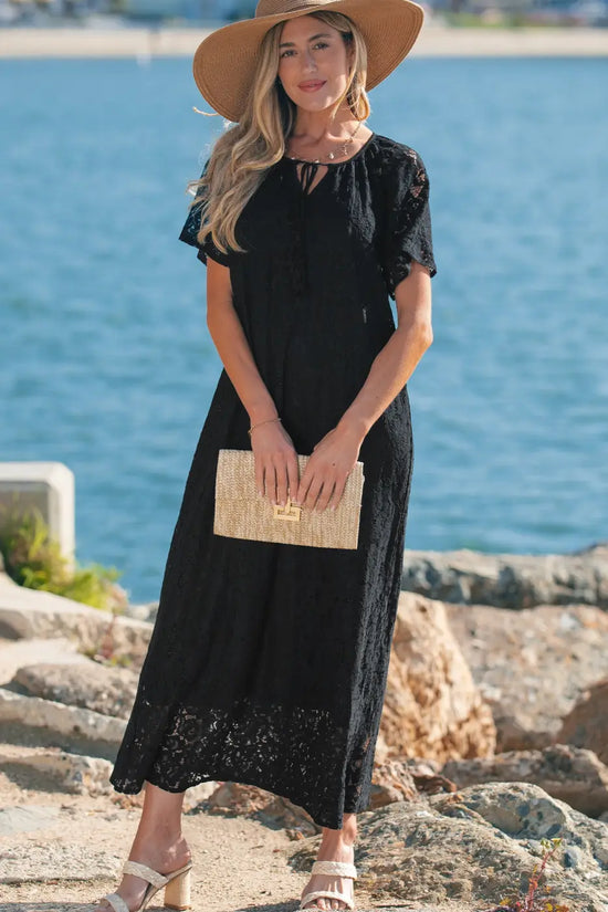 Black lace maxi dress women | overlay sundress