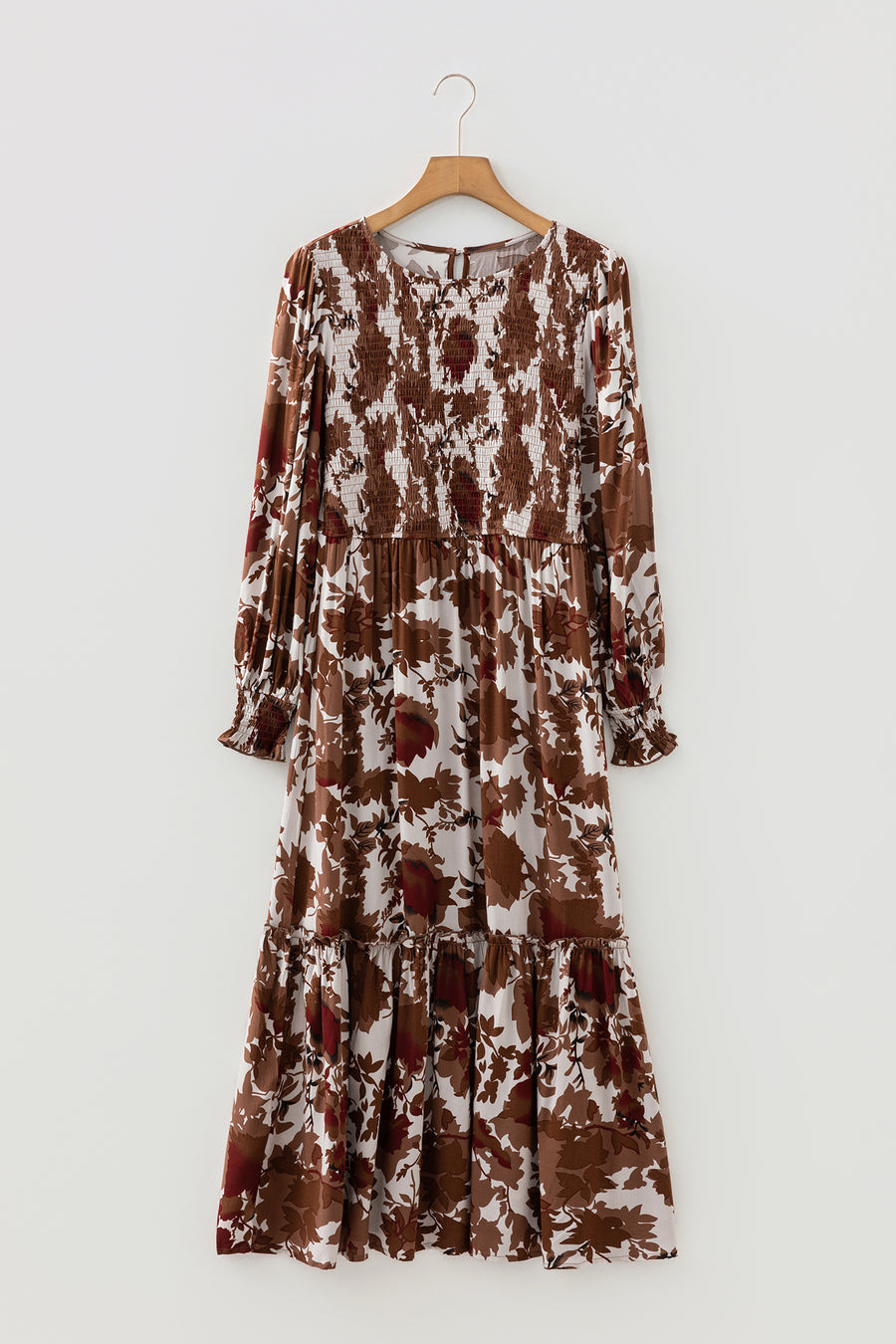 Orange Floral Puff Sleeve Smocked Bodice Ruffled Long Dress