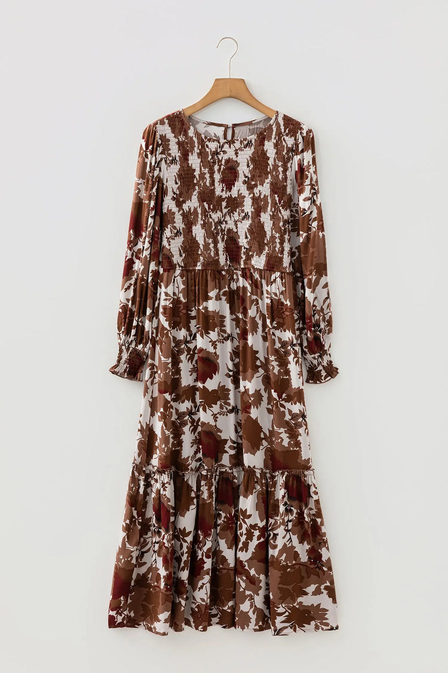 Orange Floral Smocked Bodice Puff Sleeve Ruffled Maxi Dress Women UK