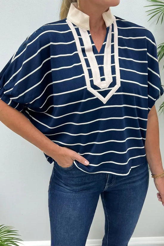 Black stripe v-neck stand collar dolman top women uk