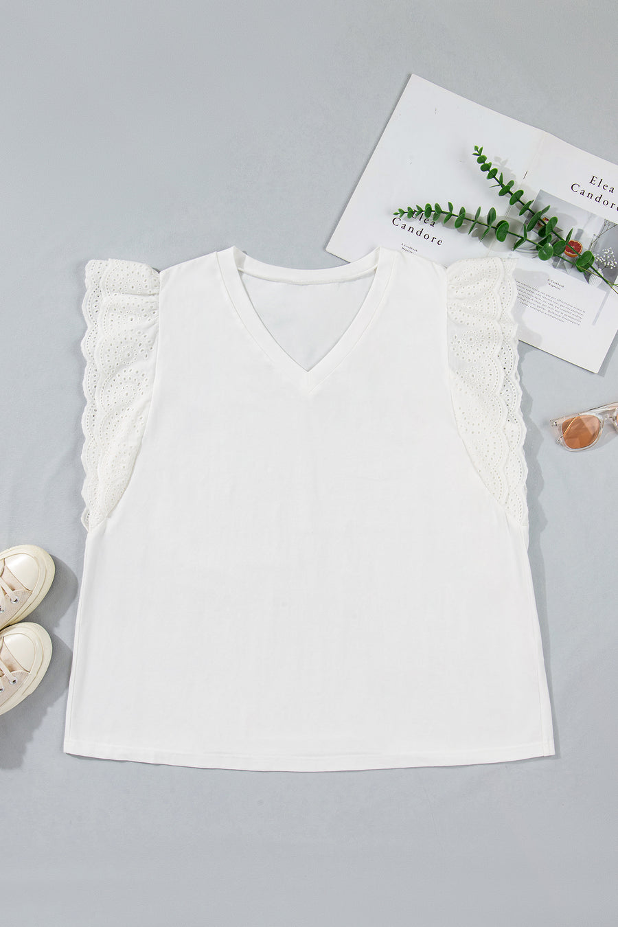 Eyelet Crochet Splicing Short Sleeve Plus Size Tee Women UK