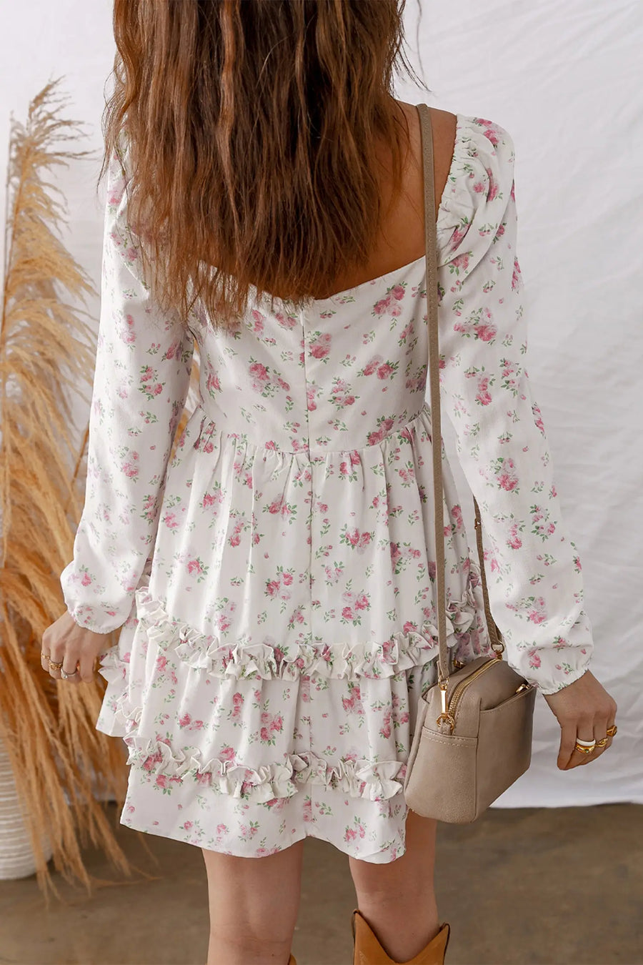 Pink Floral Long Sleeve Ruffle Detail Flared Mini Dress Women UK — side view