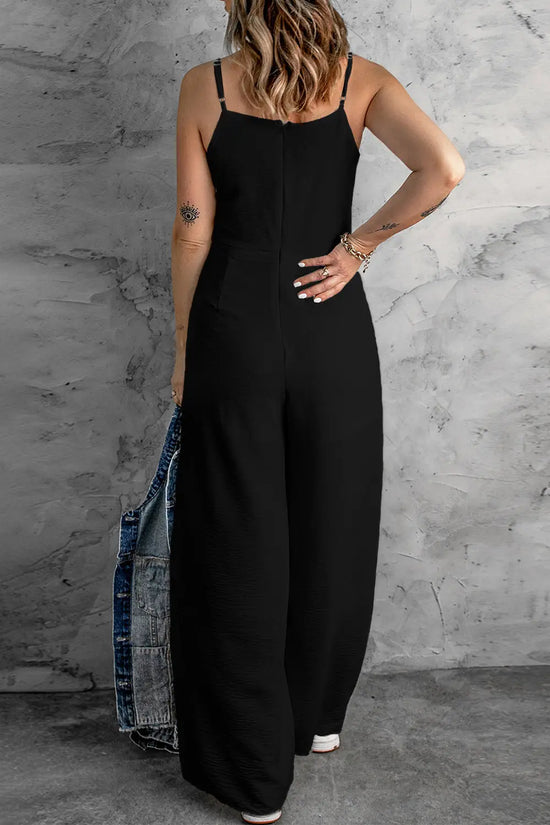 Black solid spaghetti strap wide leg high waist