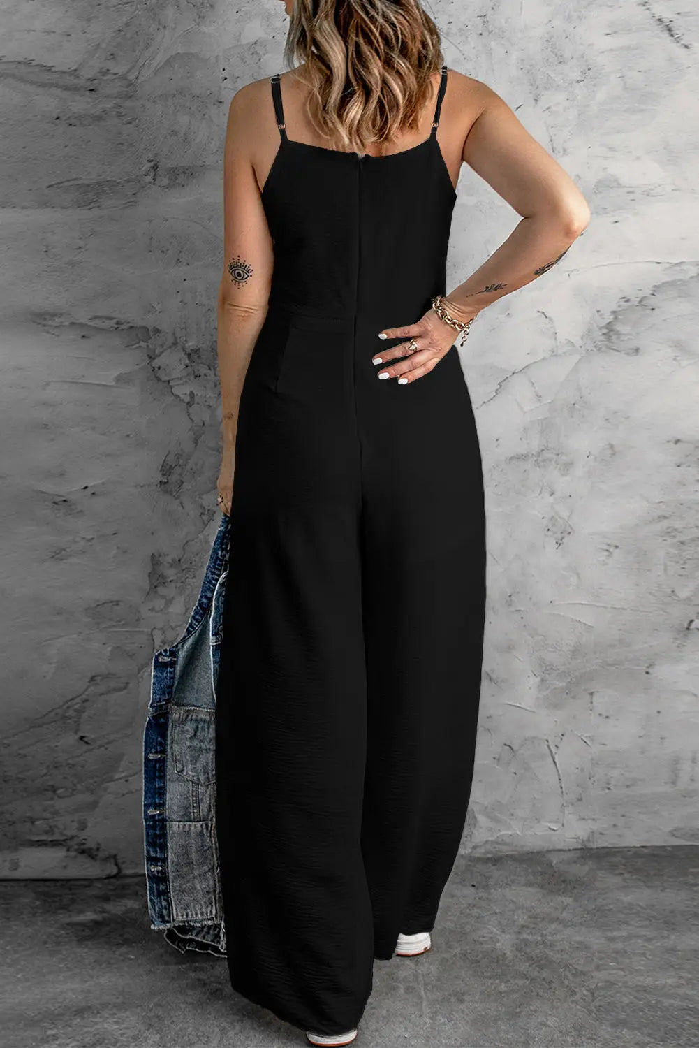 Black solid spaghetti strap wide leg high waist