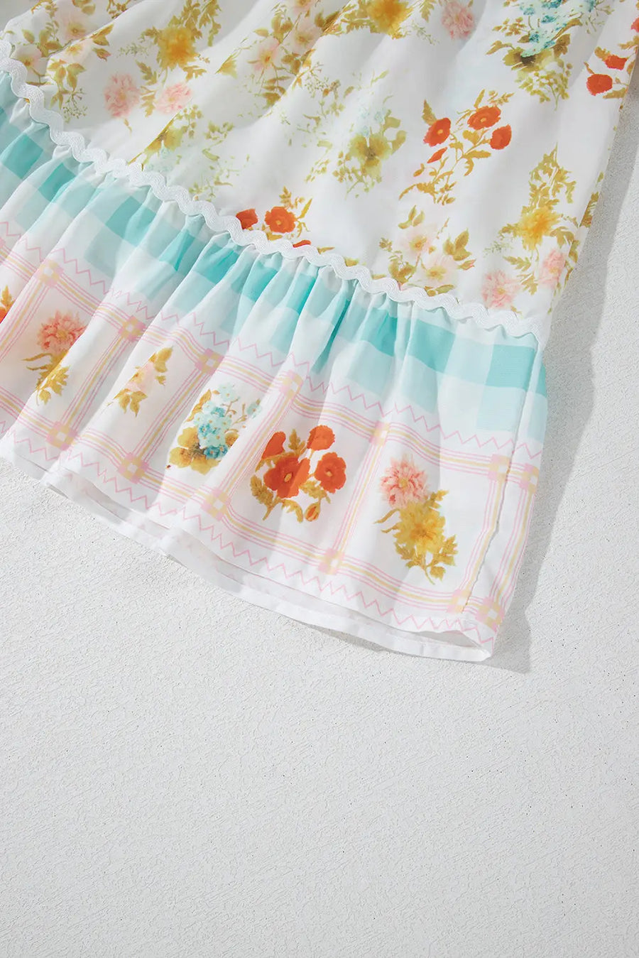 Pink Ric Rac Plaid Floral Patchwork Bubble Sleeve Mini Dress Women UK